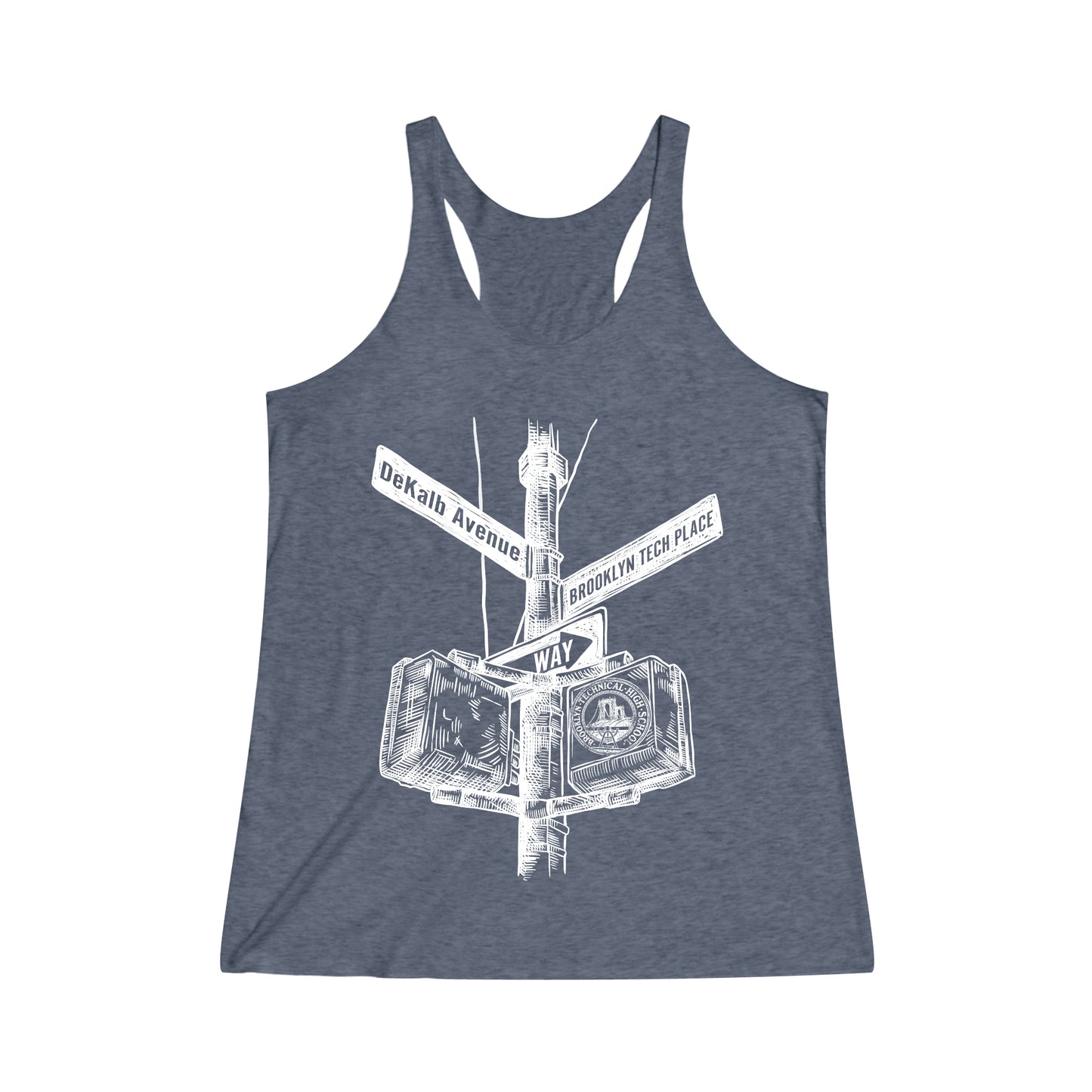 Boutique - Dekalb Ave & Brooklyn Tech Pl - Ladies Tri-Blend Racerback Tank - White Graphic