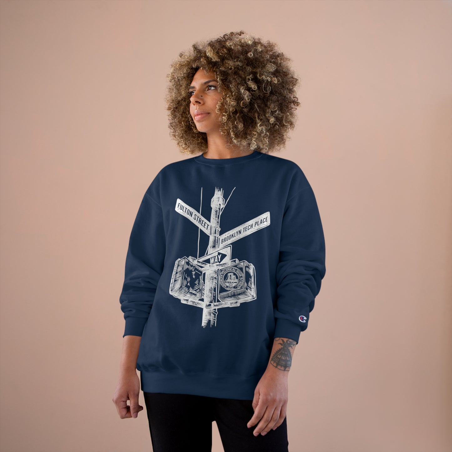 Boutique - Fulton St & Brooklyn Tech Pl - Champion Crewneck Sweatshirt - White Graphic
