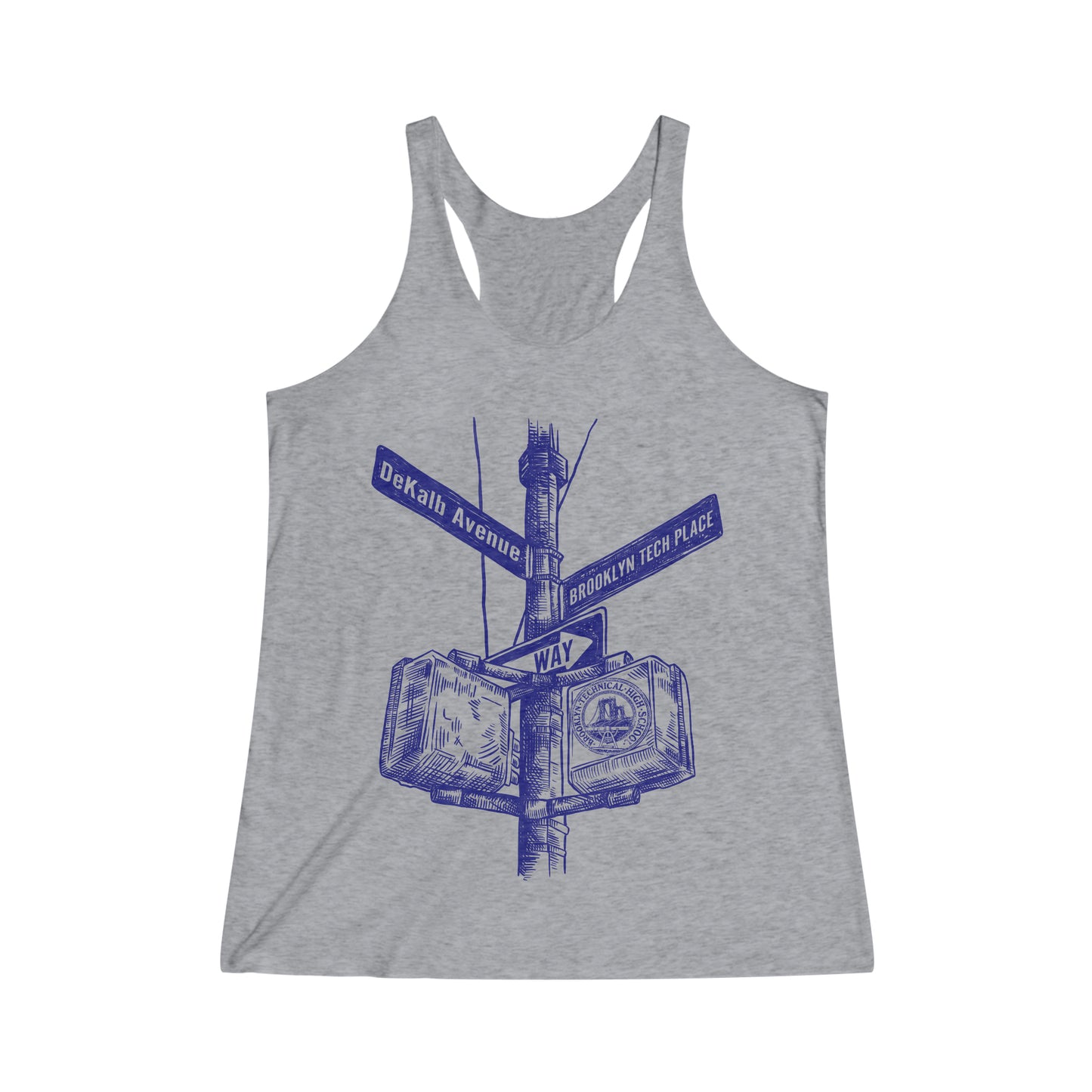 Boutique - Dekalb Ave & Brooklyn Tech Pl - Ladies Tri-Blend Racerback Tank - Blue Graphic