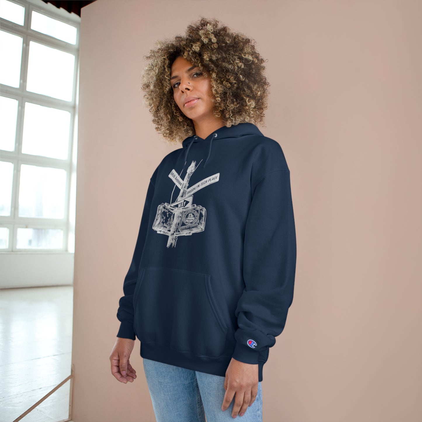 Boutique - Dekalb Ave & Brooklyn Tech Pl - Champion Hoodie - White Graphic