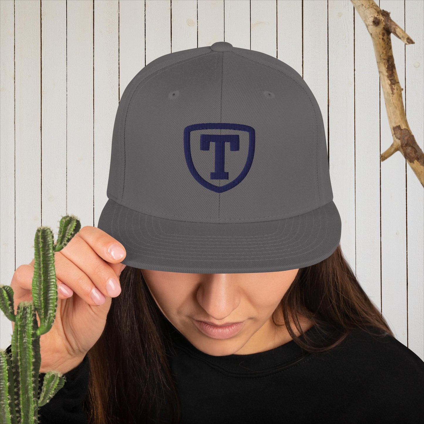 Embroidered Snapback Hat - T In Shield - Heather Grey