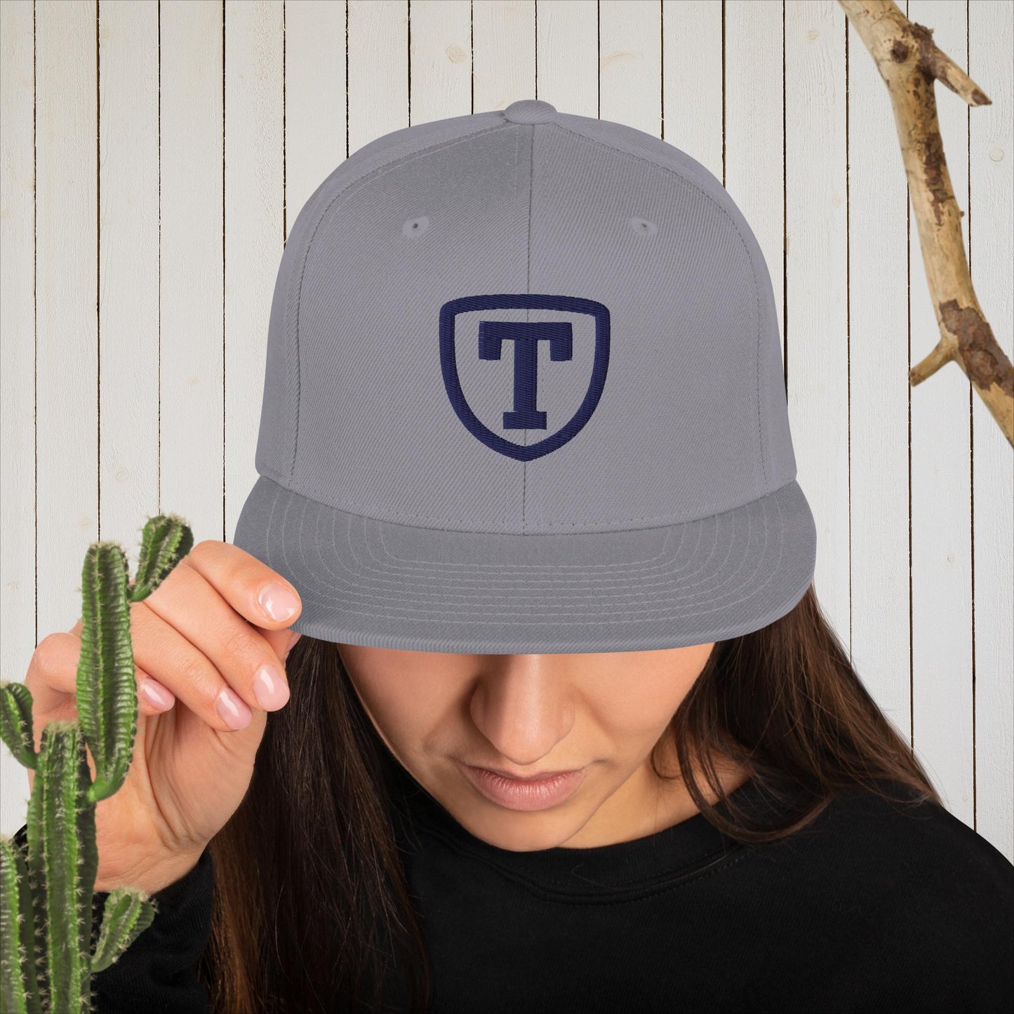 Embroidered Snapback Hat - T In Shield - Heather Grey