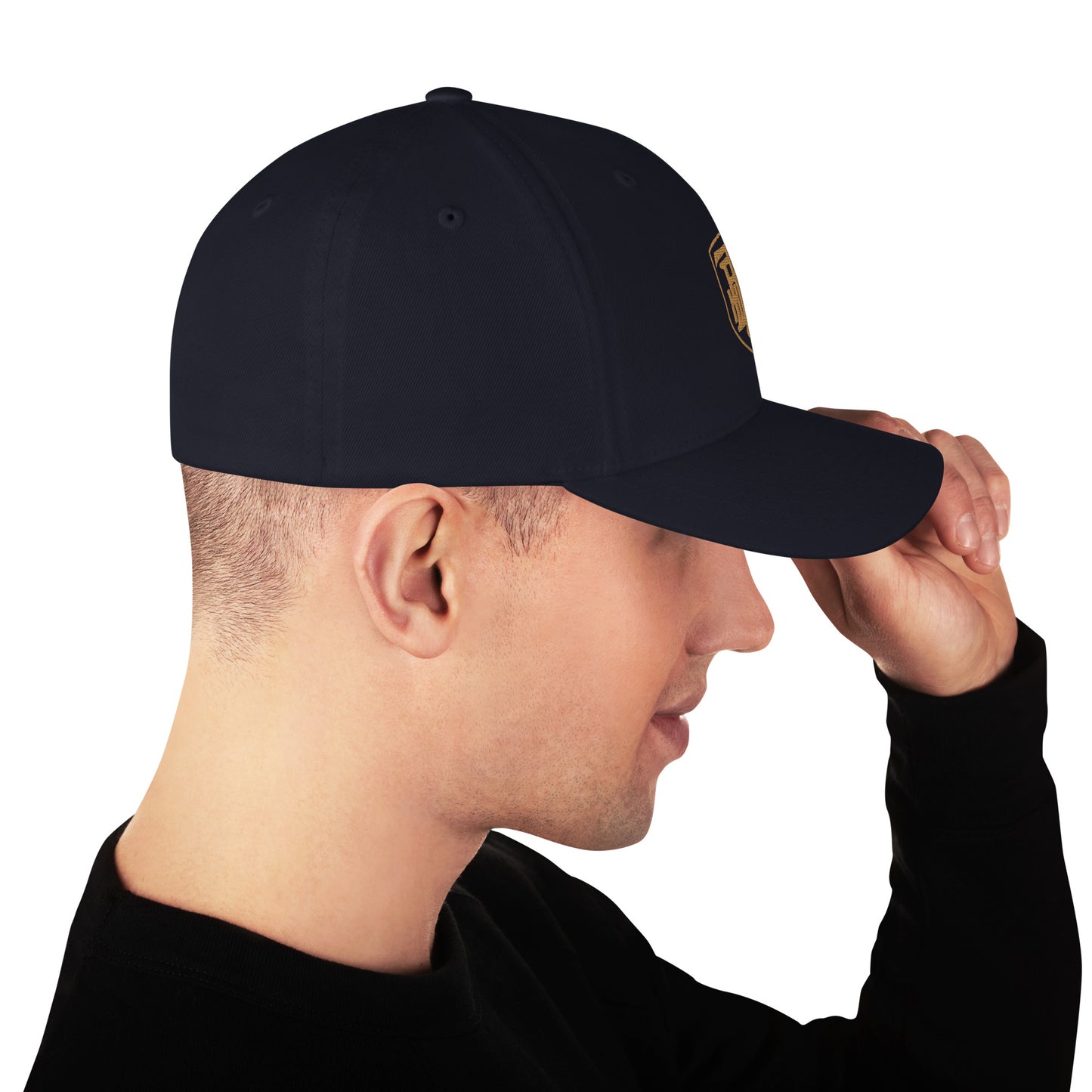 Embroidered Structured Twill Cap (navy) With Stacked Logo (gold)