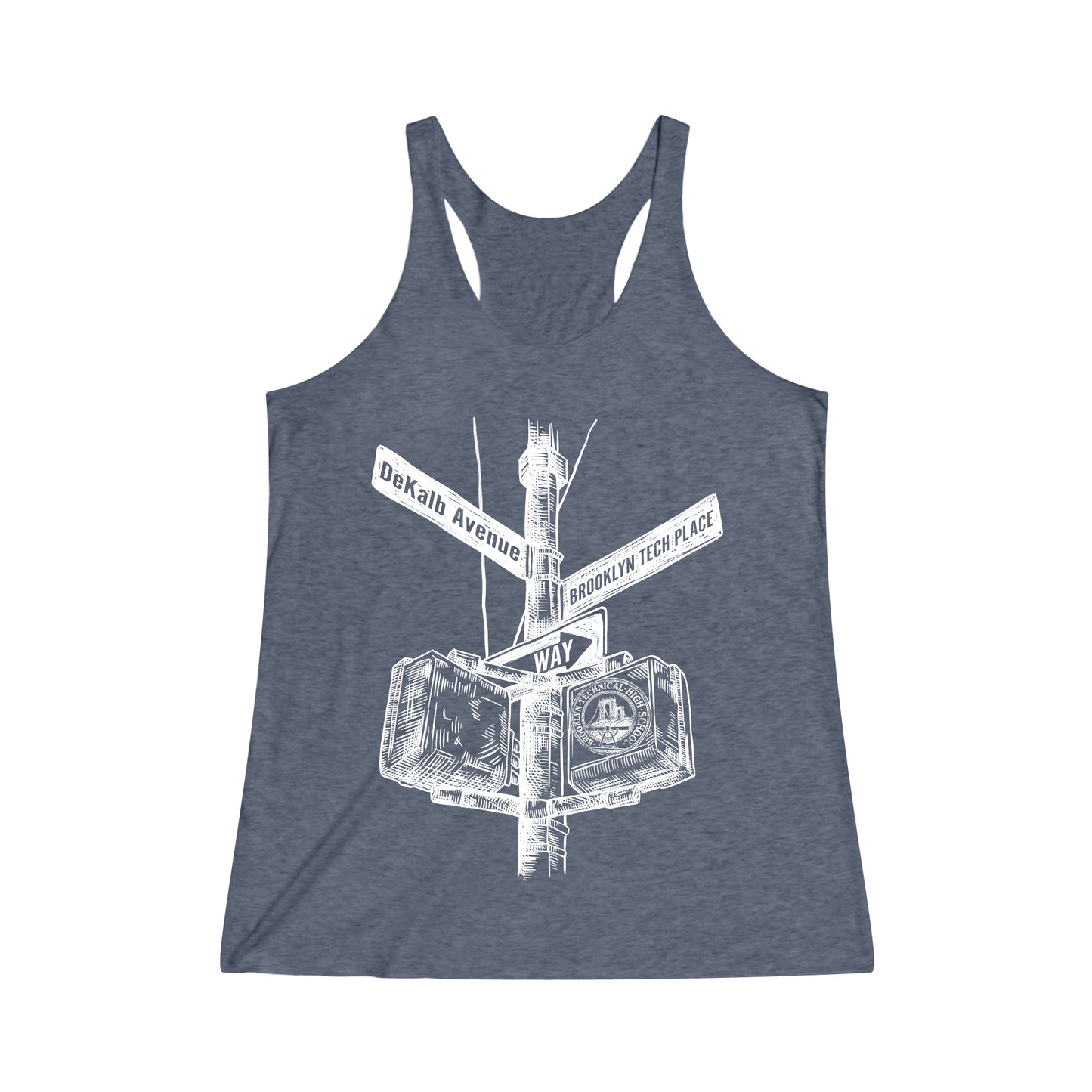 Boutique - Dekalb Ave & Brooklyn Tech Pl - Ladies Tri-Blend Racerback Tank - (white Graphic)