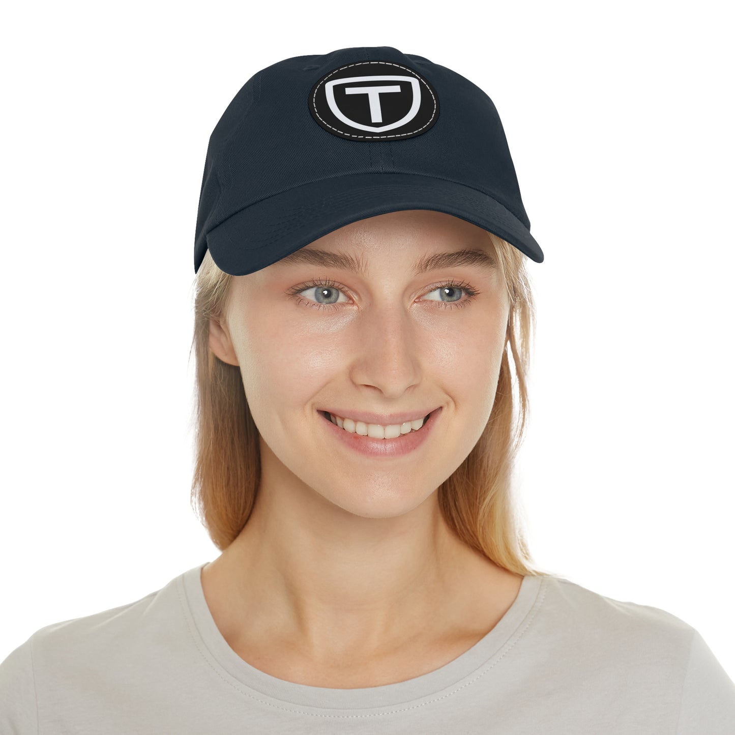 Shield With T Logo - Hat With Circular Leather Patch - White