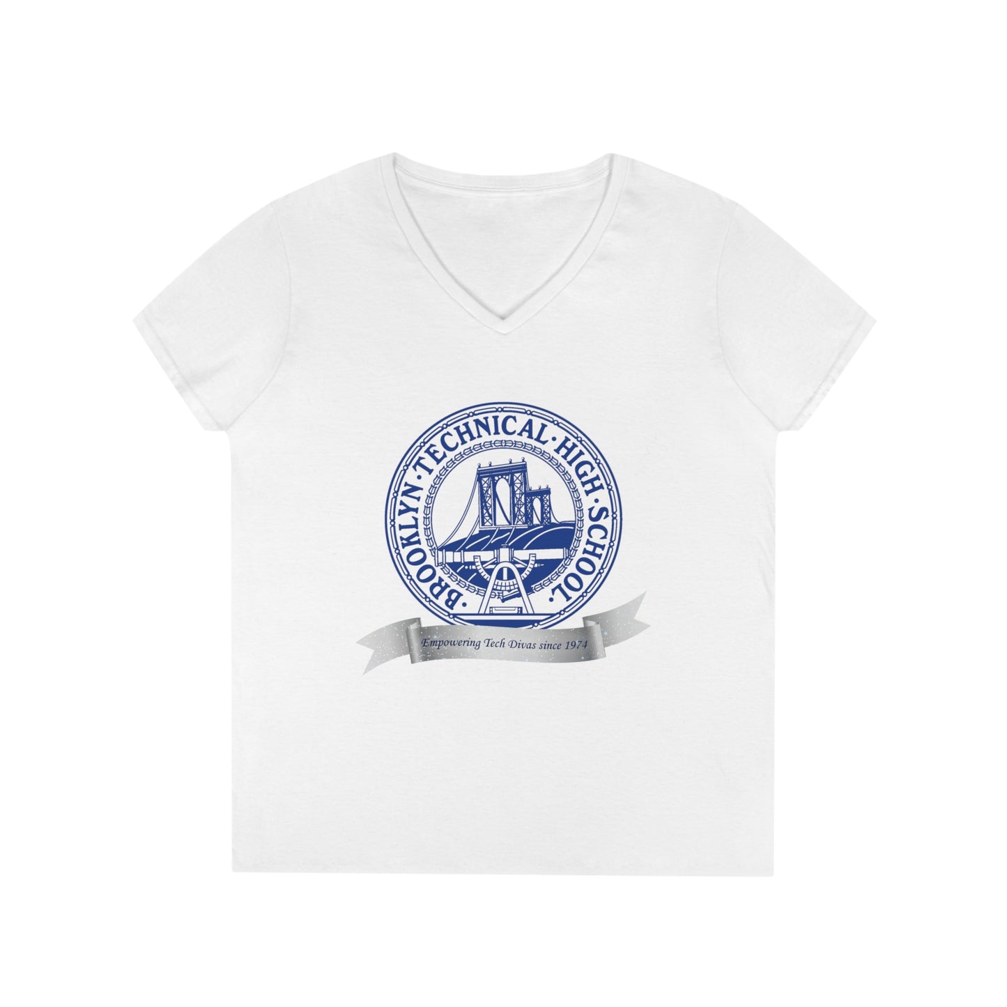 Classic Tech Seal - "empowering Tech Divas Since 1974" - Ladies' V-Neck T-Shirt