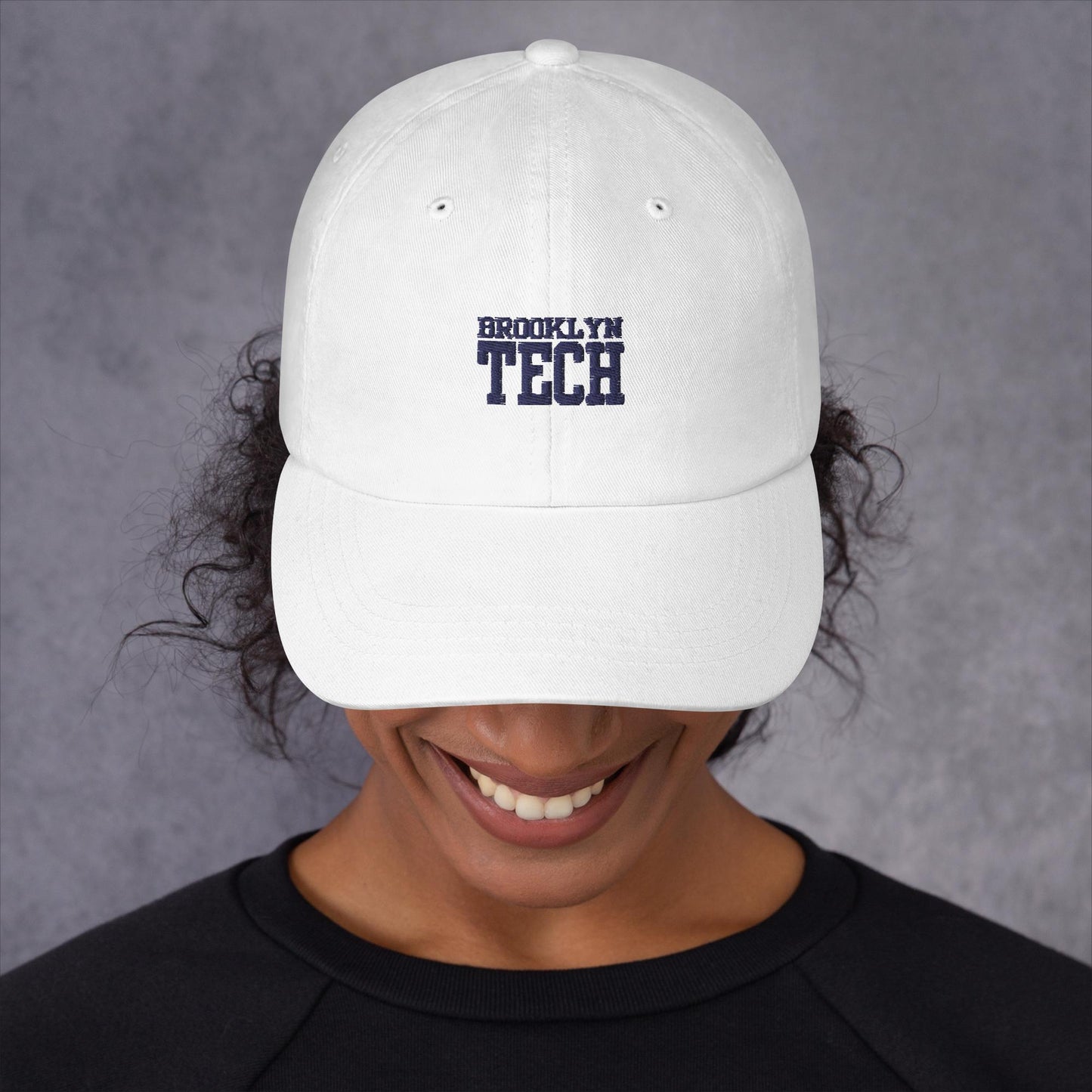 Embroidered Dad Hat - Brooklyn Tech - White With Navy Font