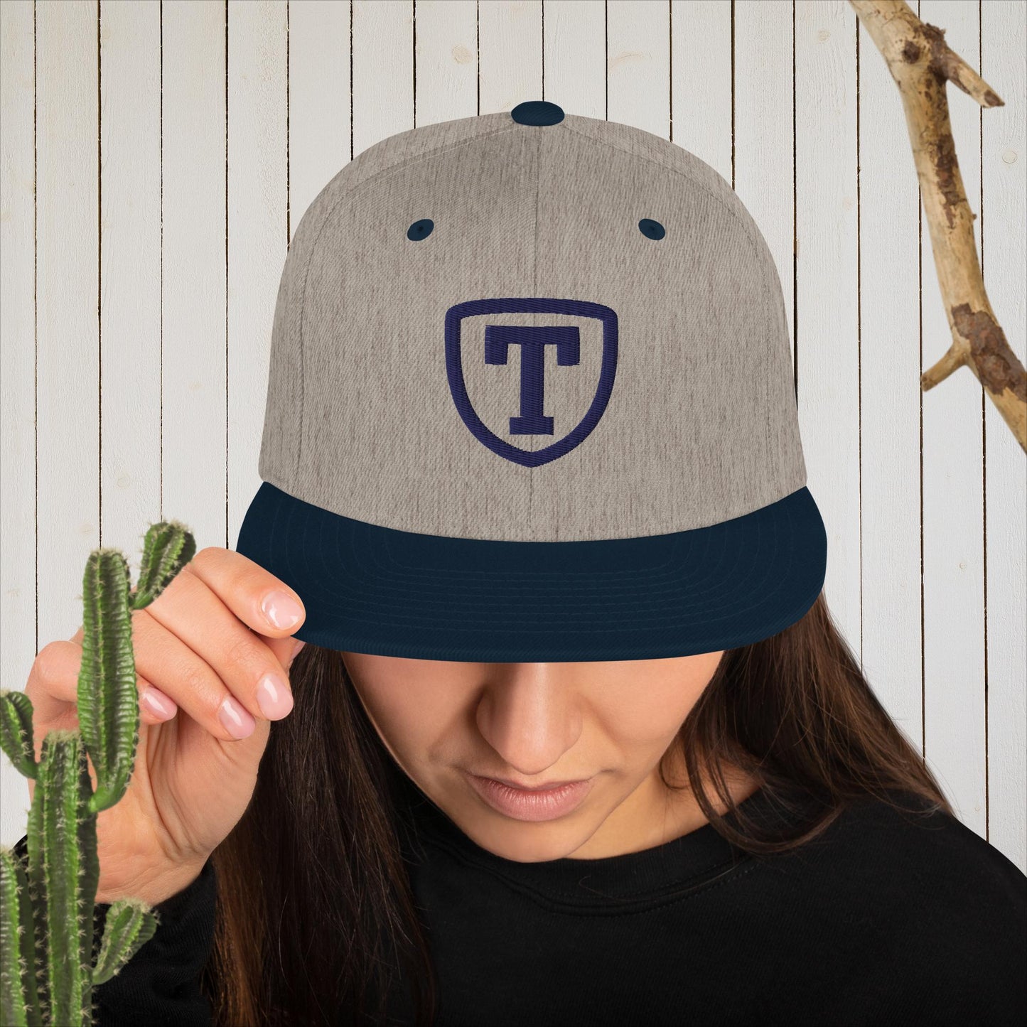 Embroidered Snapback Hat - T In Shield - Heather Grey