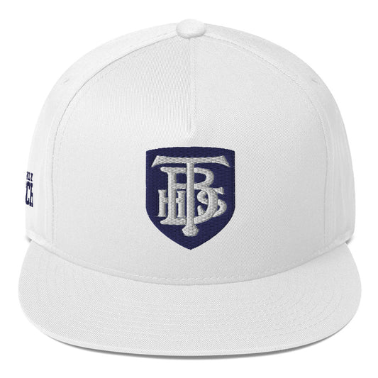 Embroidered - Stacked Logo - Flat Bill Cap - Navy Blue Logos