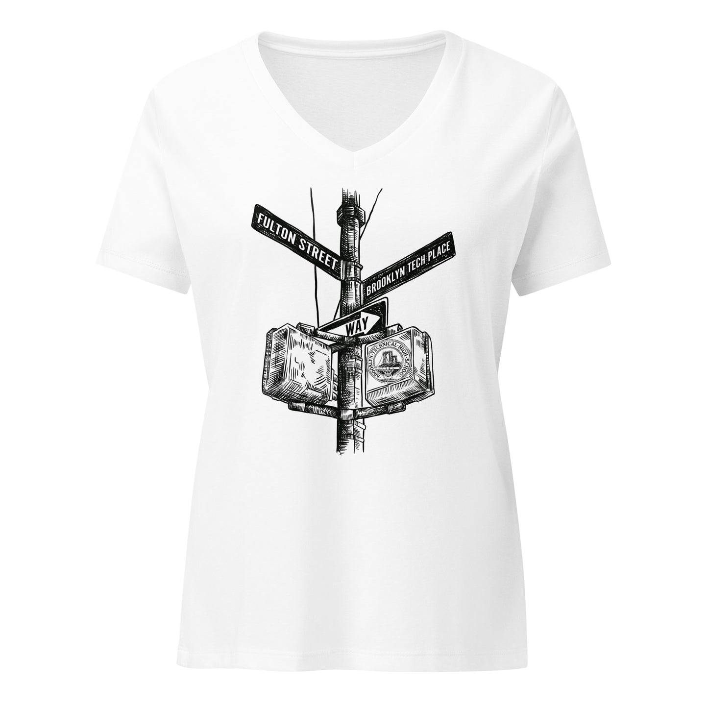 Fulton St & Brooklyn Tech Pl - Ladies relaxed v-neck t-shirt - Black graphic